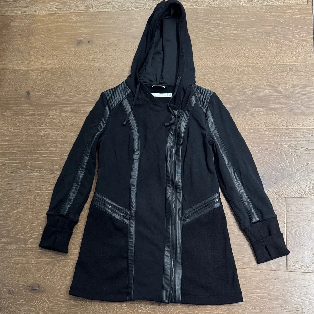 Blanc Noir Black Moto Hooded Jacket Faux Leather Trim Size M